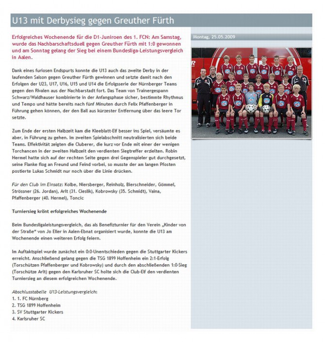 Internetseite des 1. FC Nürnberg vom 25.05.2009 
