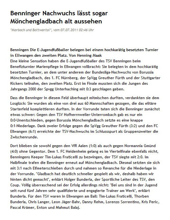 Stuttgarter Nachrichten vom 07072011 - Bild 1 - Datum: 10.07.2011 - Tags: Pressebericht, AKTION FUSSBALLTAG e.V.