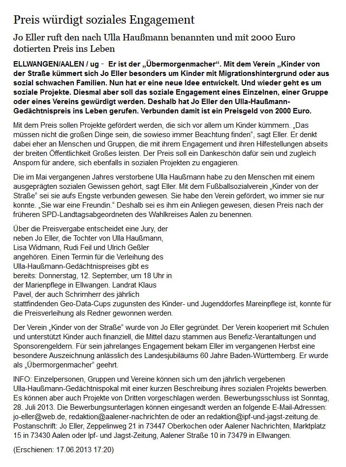 schwaebischede vom 17062013 - Bild 1 - Datum: 21.06.2013 - Tags: Pressebericht, Ulla Haußmann Gedächtnispreis, AKTION FUSSBALLTAG e.V.