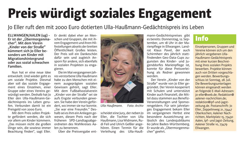 INFO vom 19062013 - Bild 1 - Datum: 21.06.2013 - Tags: Pressebericht, Ulla Haußmann Gedächtnispreis, AKTION FUSSBALLTAG e.V.