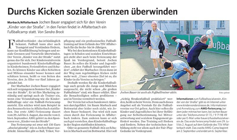 Marbacher Zeitung vom 13072013 - Bild 1 - Datum: 16.07.2013 - Tags: Pressebericht, AKTION FUSSBALLTAG e.V.