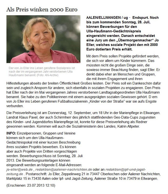 schwaebischede vom 23072013 - Bild 1 - Datum: 24.07.2013 - Tags: Pressebericht, Ulla Haußmann Gedächtnispreis, AKTION FUSSBALLTAG e.V.
