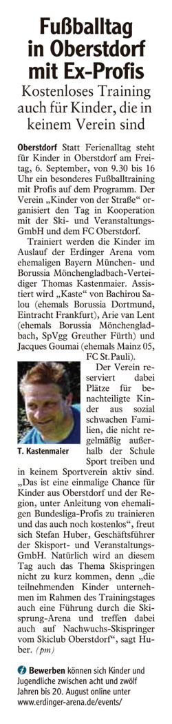 Allgaeuer Zeitung vom 10082013 - Bild 1 - Datum: 23.08.2013 - Tags: Fußballtag Erdinger Arena Oberstdorf, Pressebericht, AKTION FUSSBALLTAG e.V.