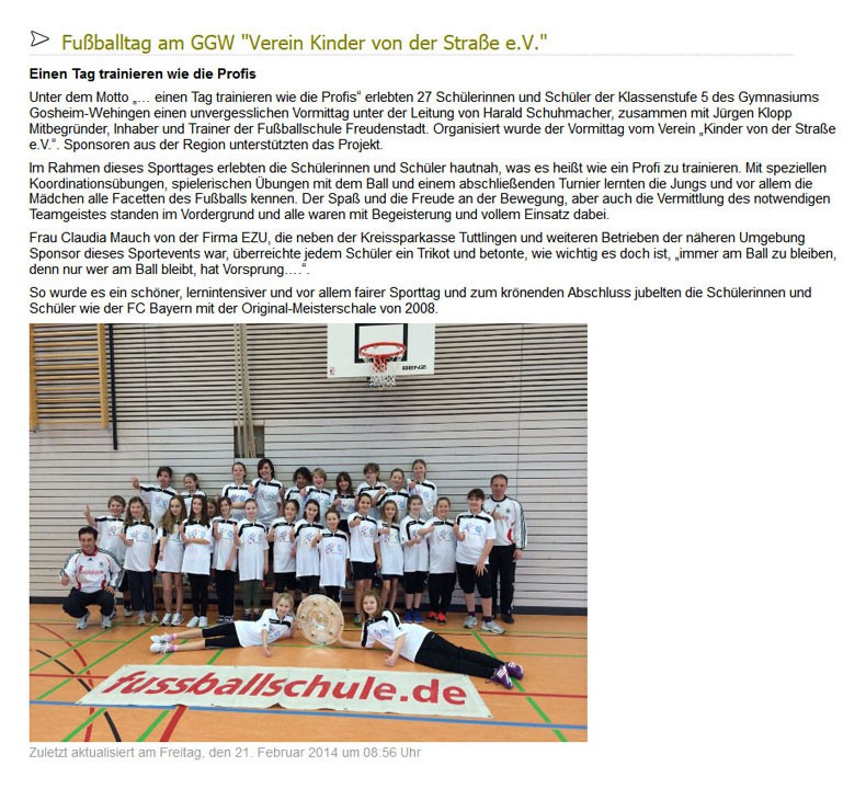 Gymnasium Gosheim Wehingen vom 21022014 - Bild 1 - Datum: 14.04.2014 - Tags: Pressebericht, AKTION FUSSBALLTAG e.V.