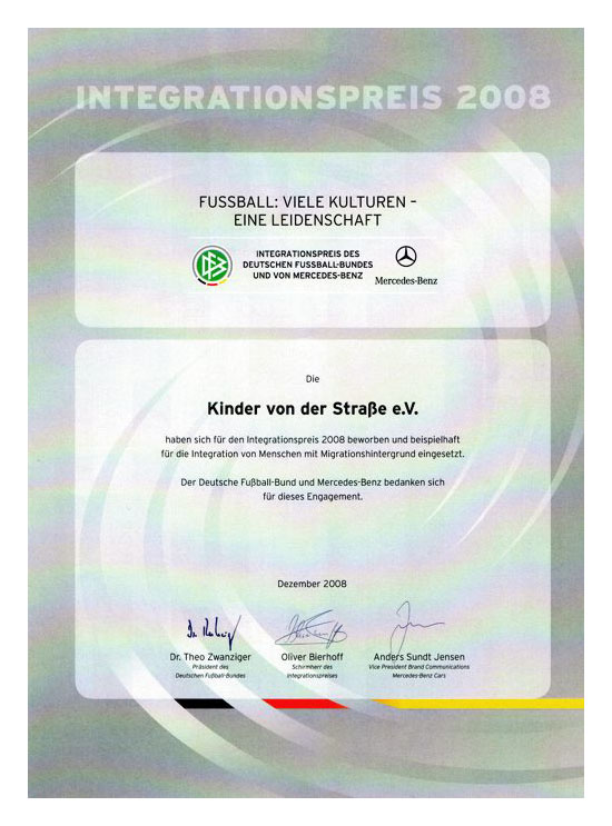 Urkunde: Integrationspreis 2008 vom 23.12.2008