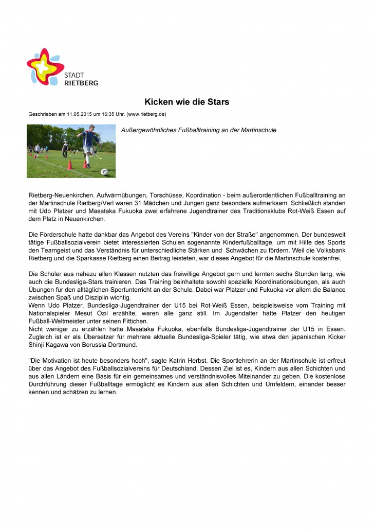 Stadt Rietberg vom 11052015 - Bild 1 - Datum: 11.05.2015 - Tags: Pressebericht, AKTION FUSSBALLTAG e.V.